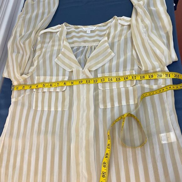 Charming Charlie Sheer Striped Collared Roll Up Sleeve Blouse White/Yellow Sz L - Picture 7 of 8